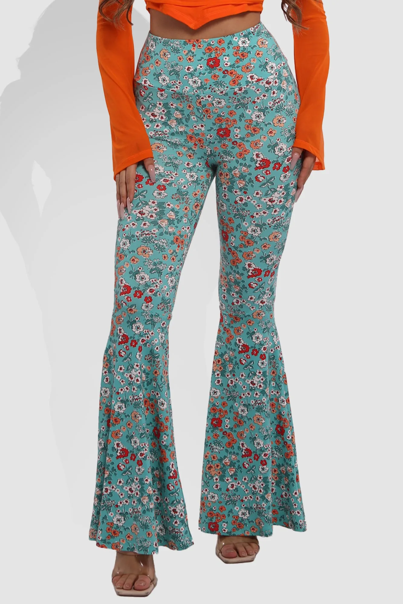 High Waist Soft Brushed Wide Flare Pants - Teal, Orange Floral