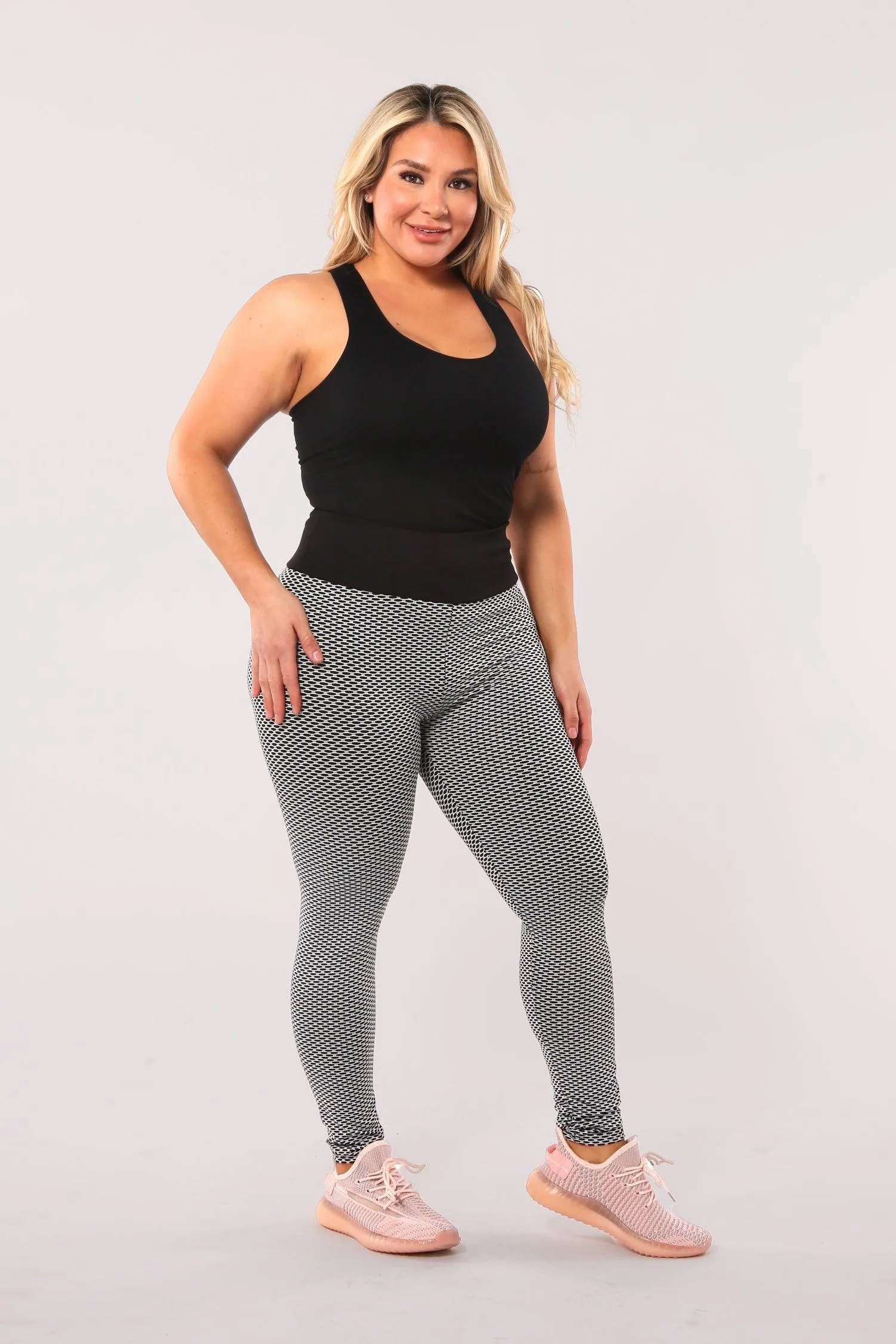 High Waist Two Tone Textured Honeycomb Butt Scrunch Yoga Leggings - Black, White