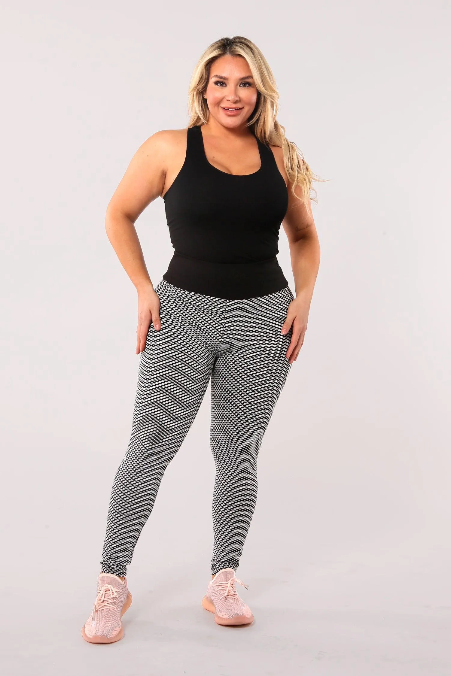 High Waist Two Tone Textured Honeycomb Butt Scrunch Yoga Leggings - Black, White