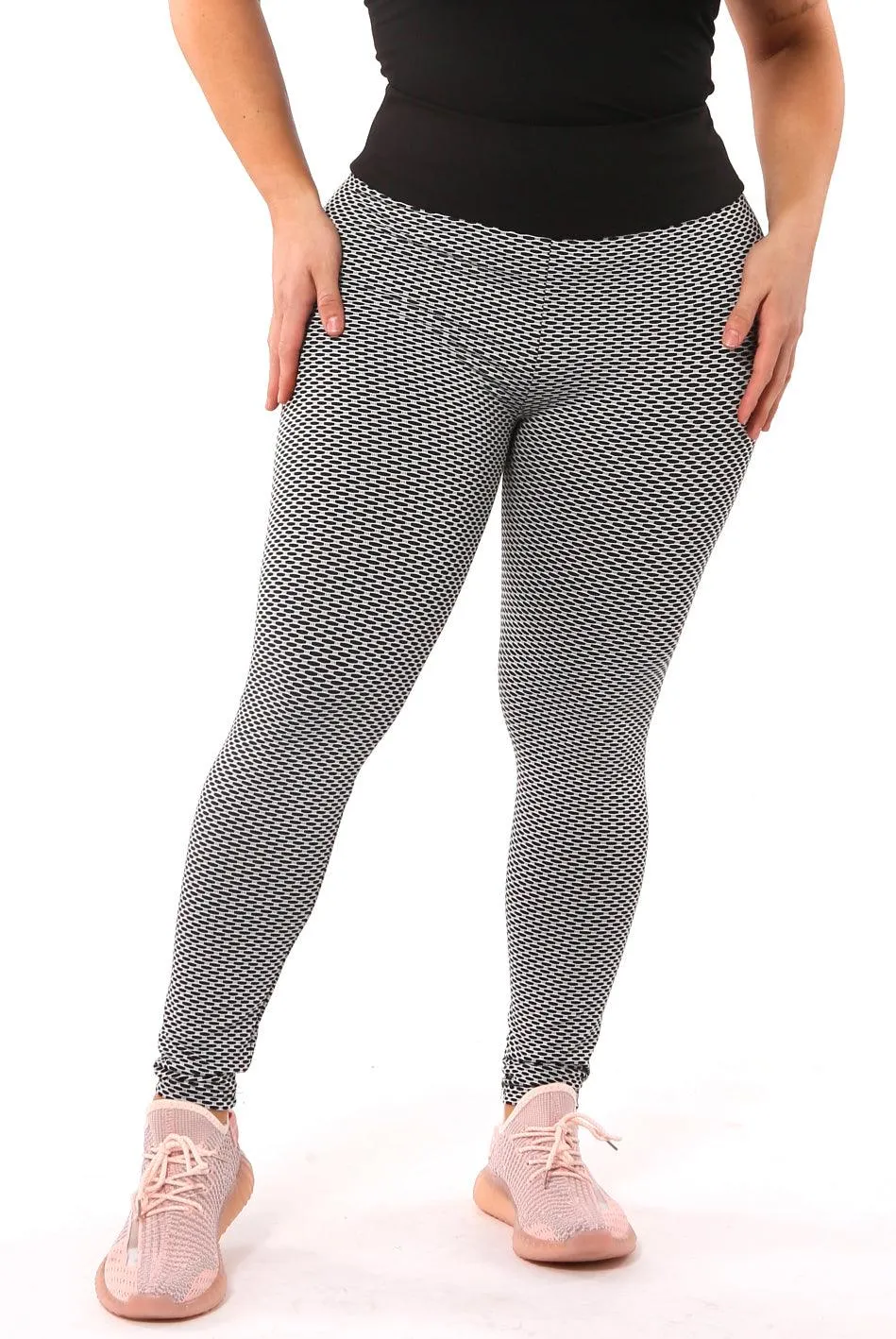 High Waist Two Tone Textured Honeycomb Butt Scrunch Yoga Leggings - Black, White