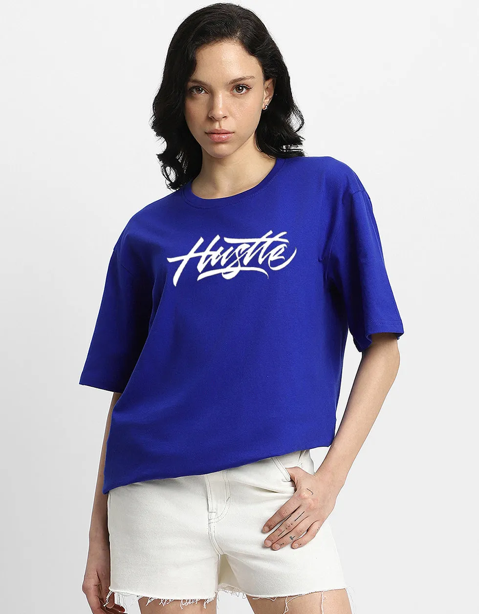 HUSTLE Women Blue Oversized Graphic Back Printed Tshirt