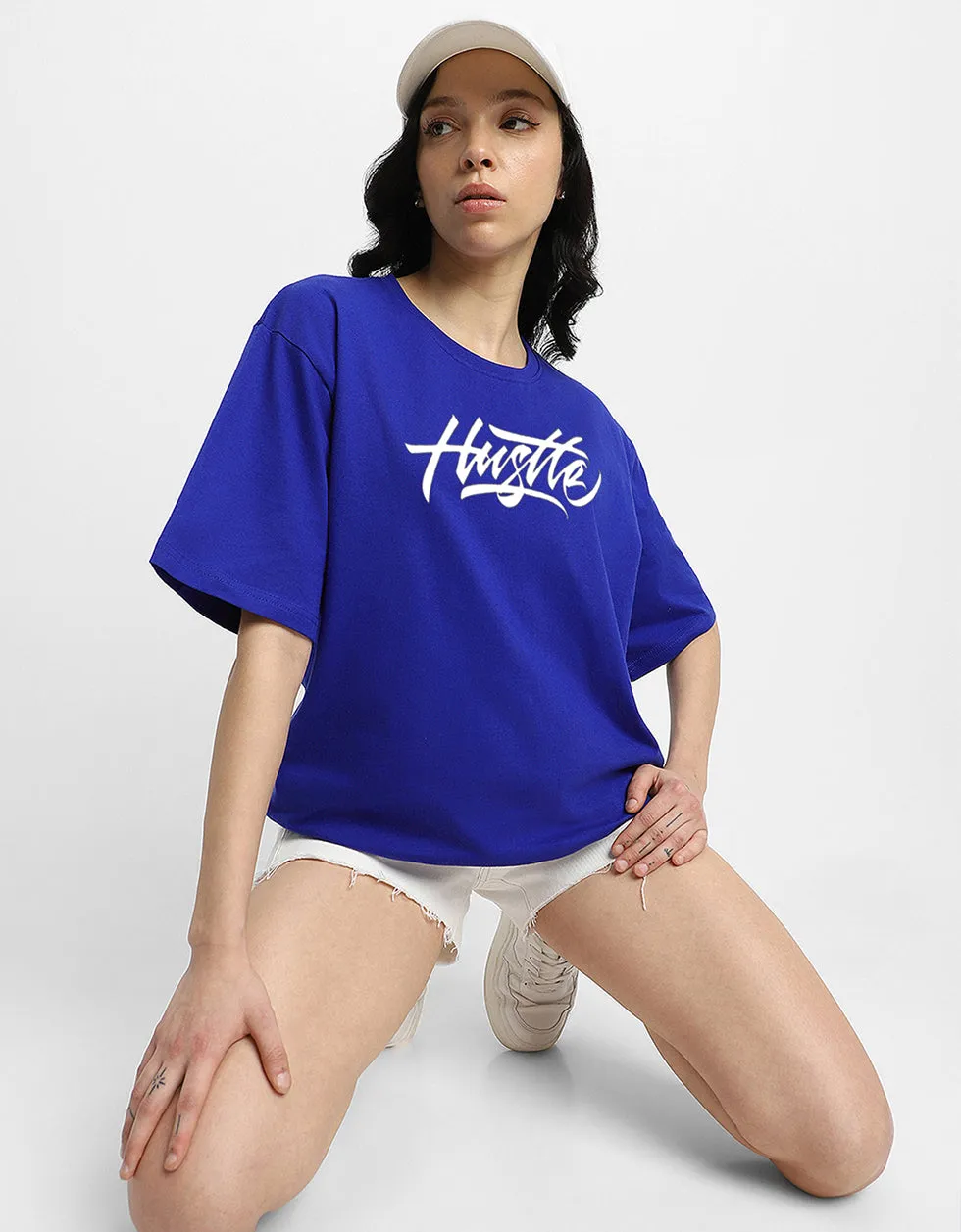 HUSTLE Women Blue Oversized Graphic Back Printed Tshirt