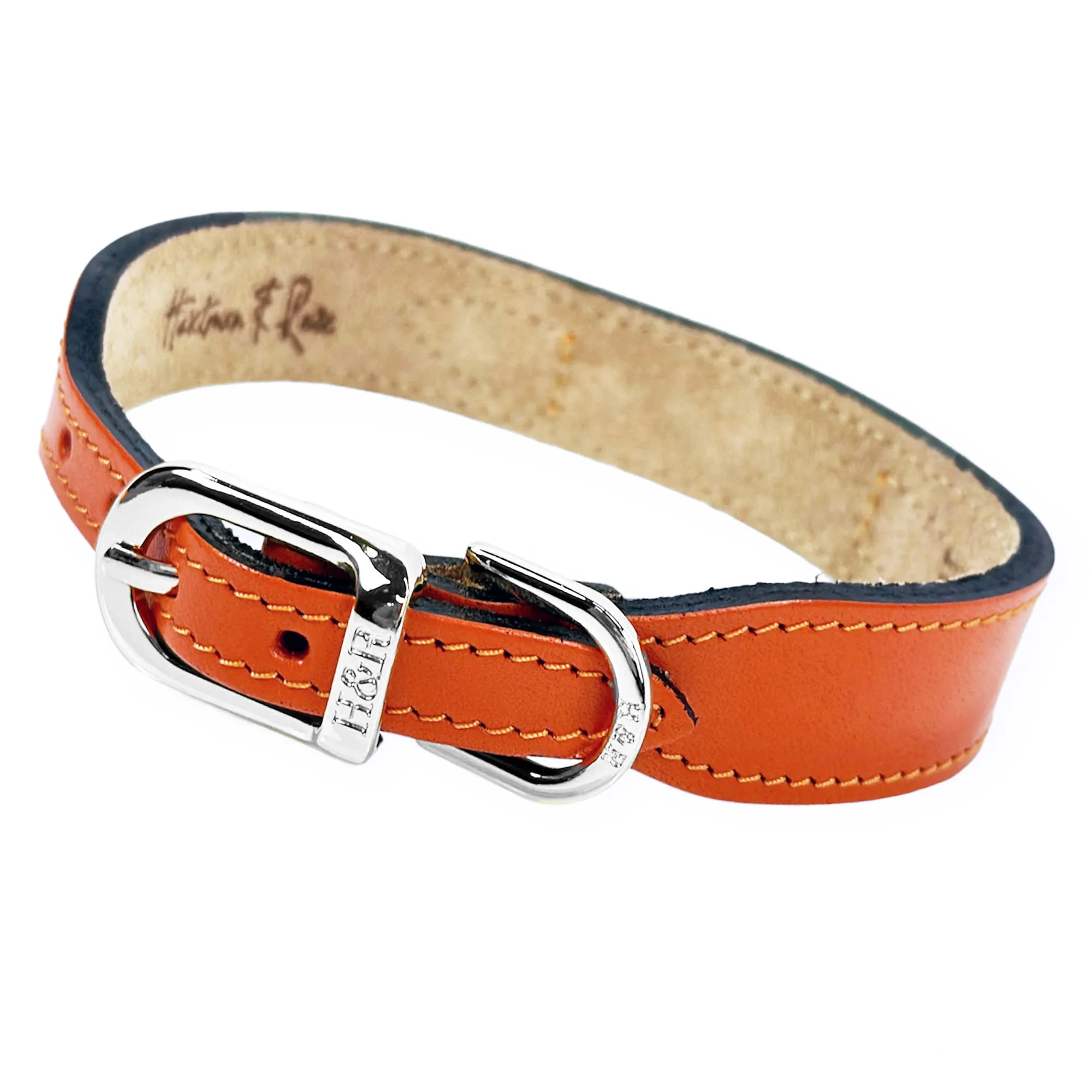 Italian Tangerine Leather Dog Collar in Nickel