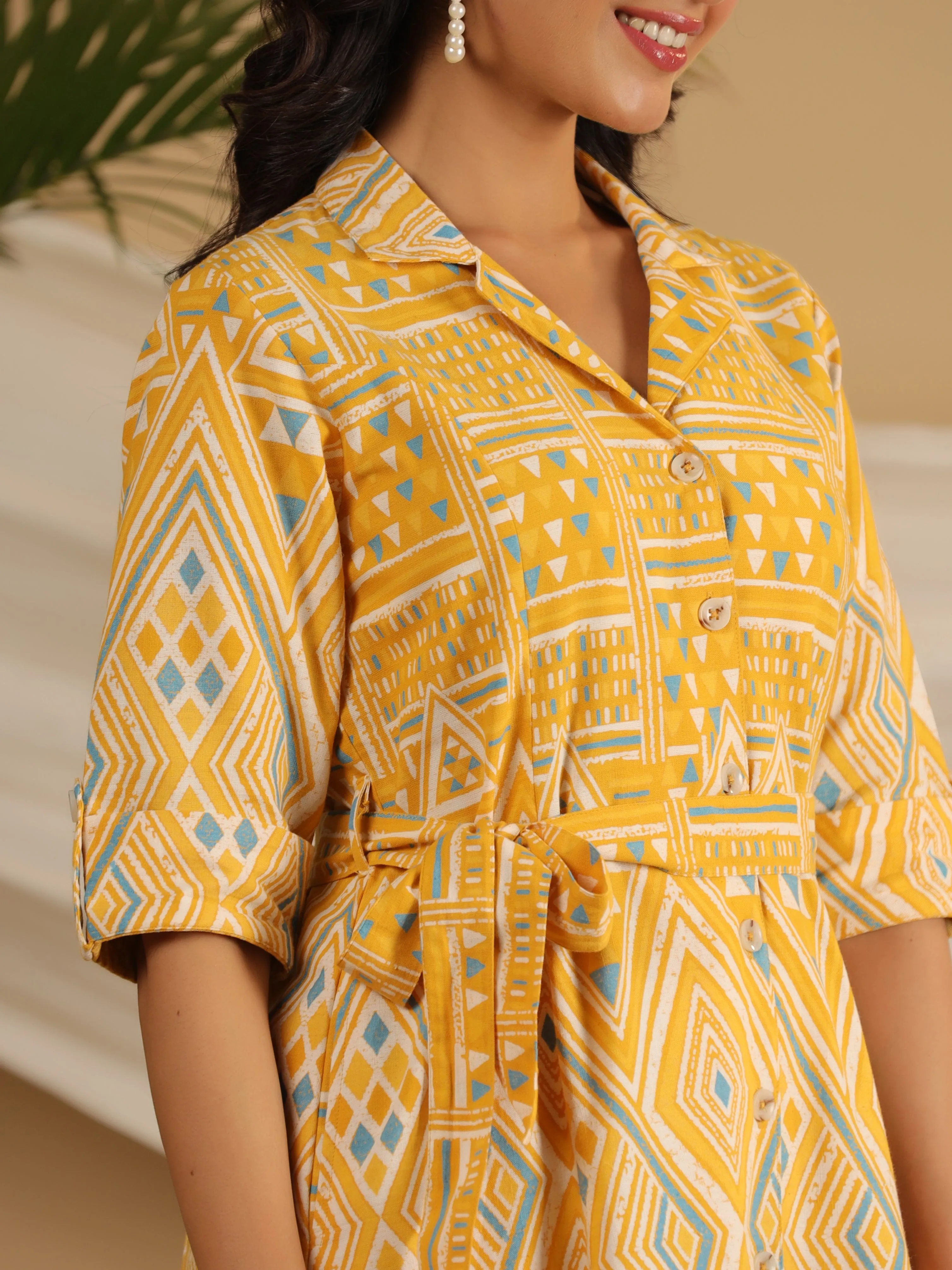 Juniper Mustard Geometric Printed Cotton Flex Shirt Style Dress With Belt