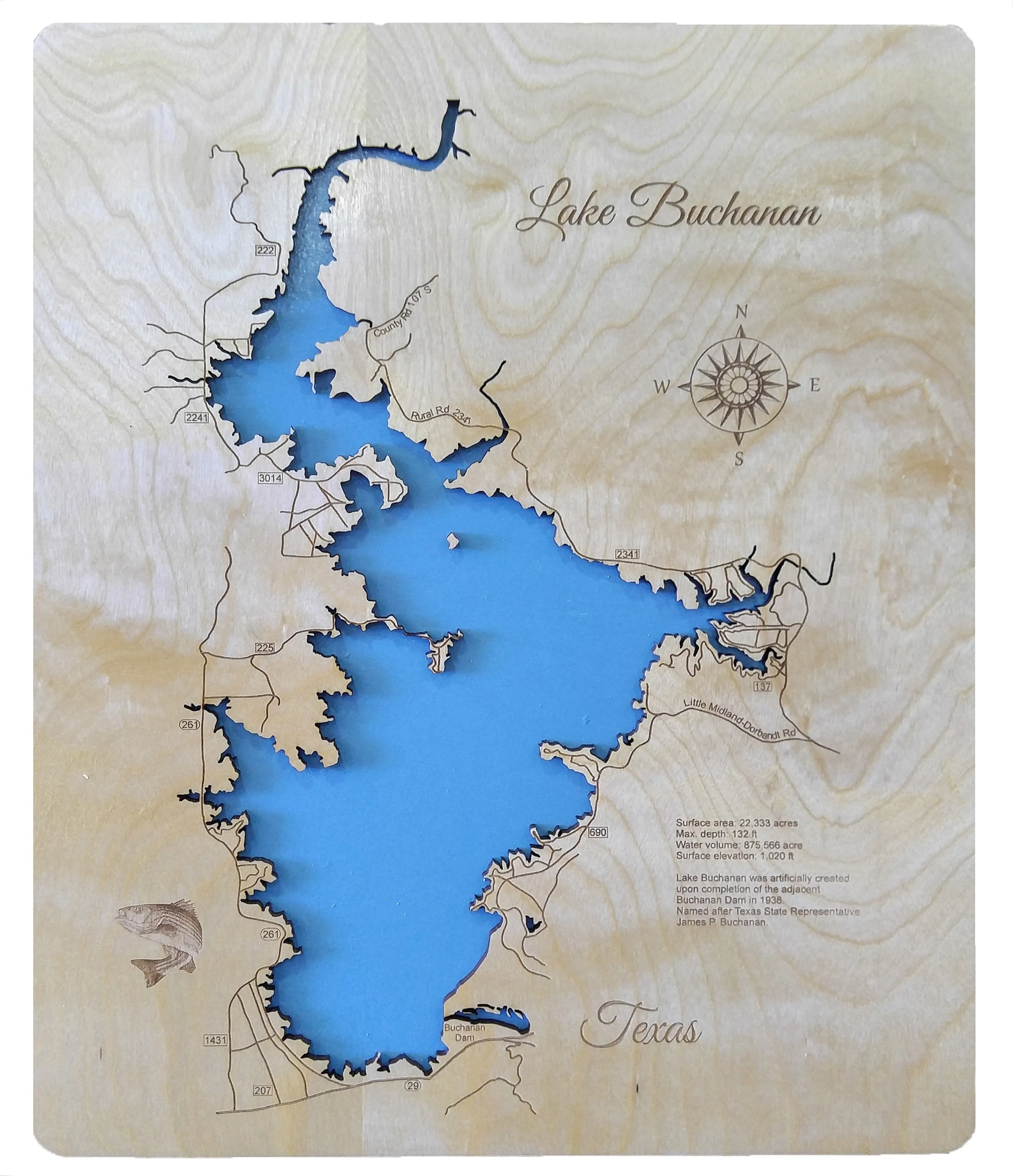 Lake Buchanan, Texas - Laser Cut Wood Map