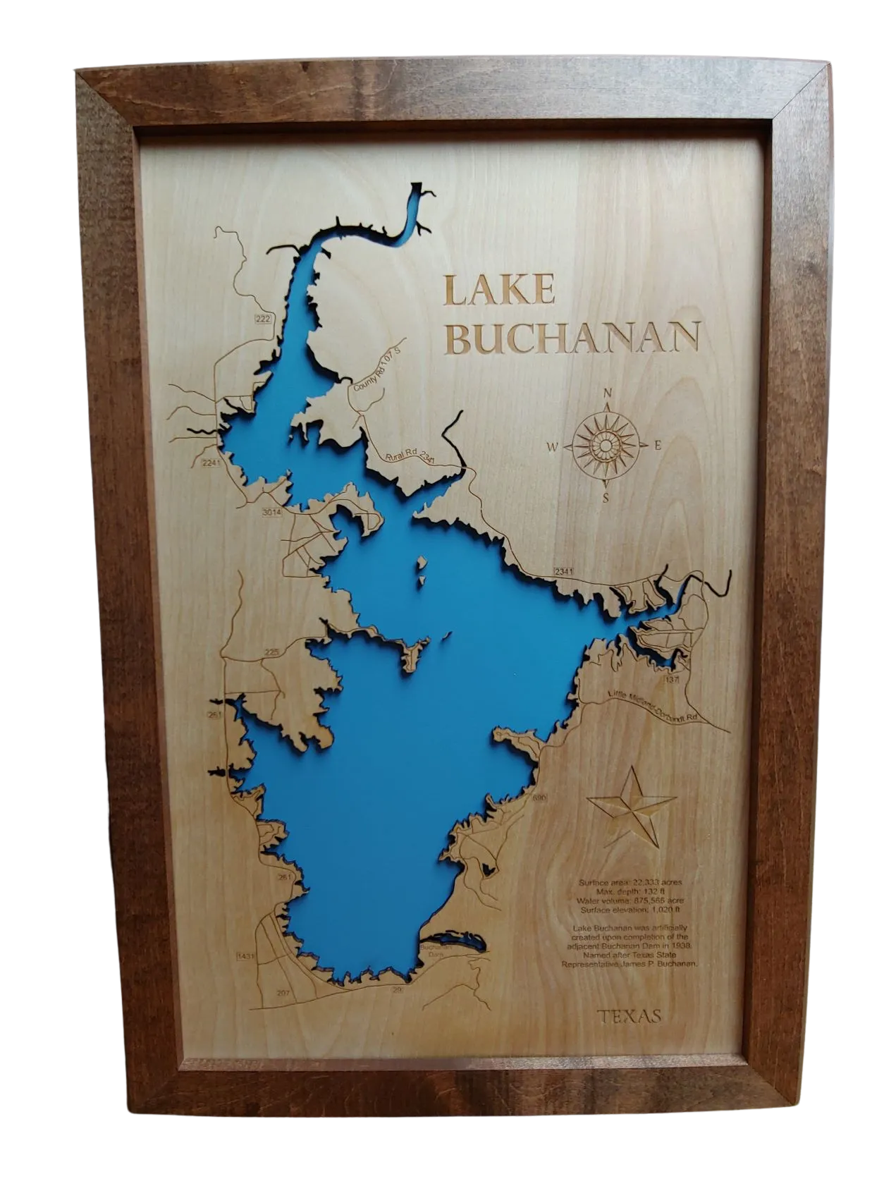 Lake Buchanan, Texas - Laser Cut Wood Map