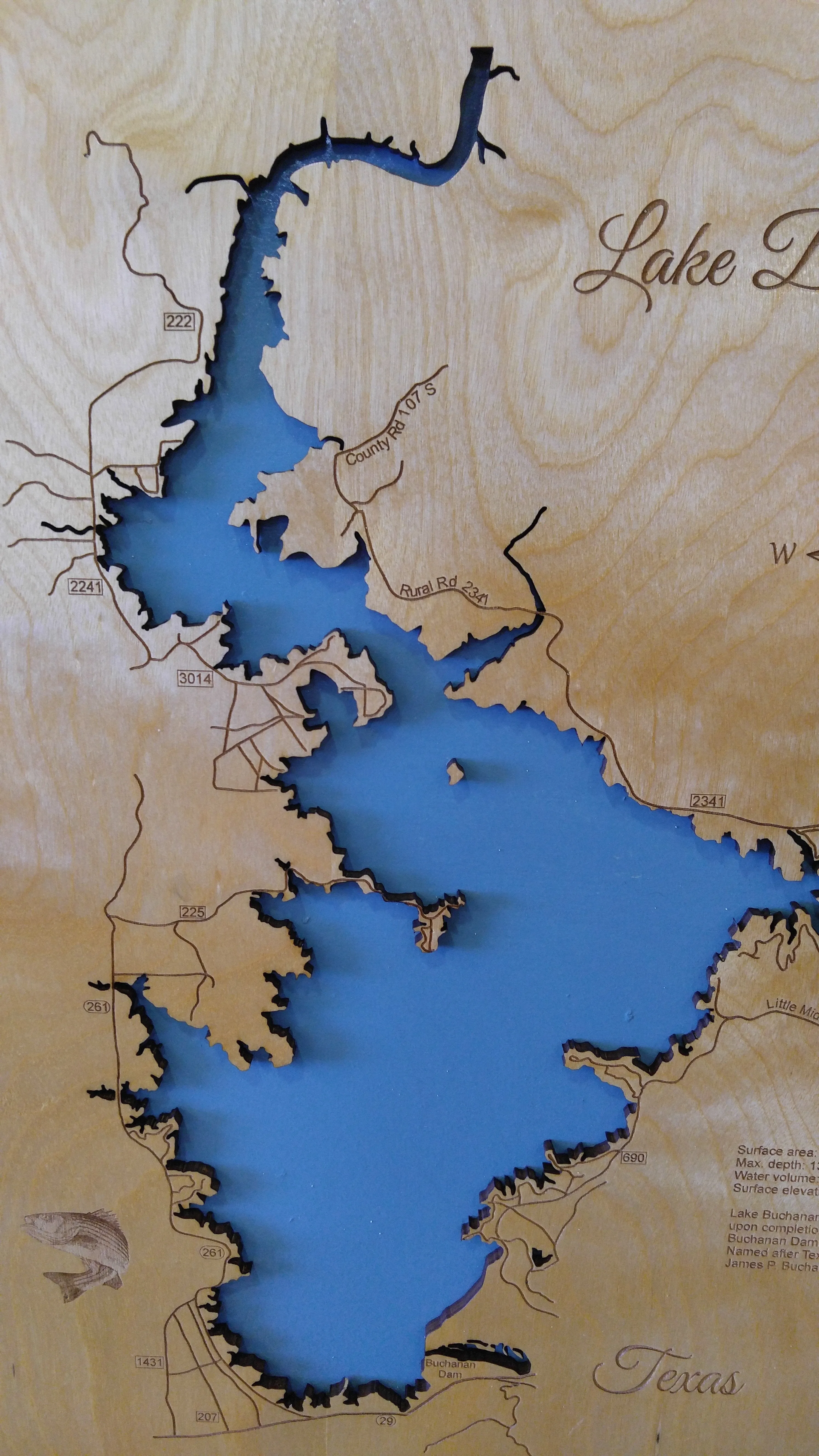 Lake Buchanan, Texas - Laser Cut Wood Map