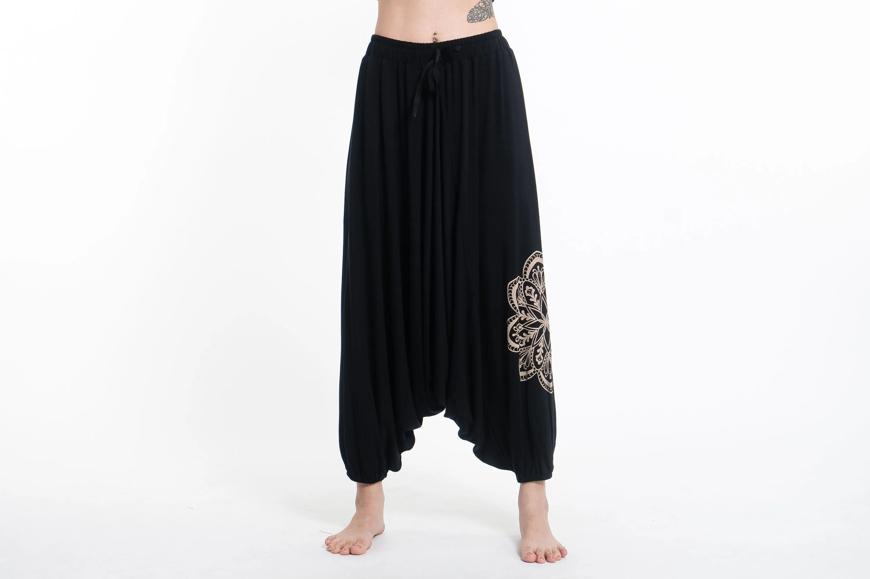 Mandala Print Drawstring Low Cut Harem Pants Cotton Spandex in Black