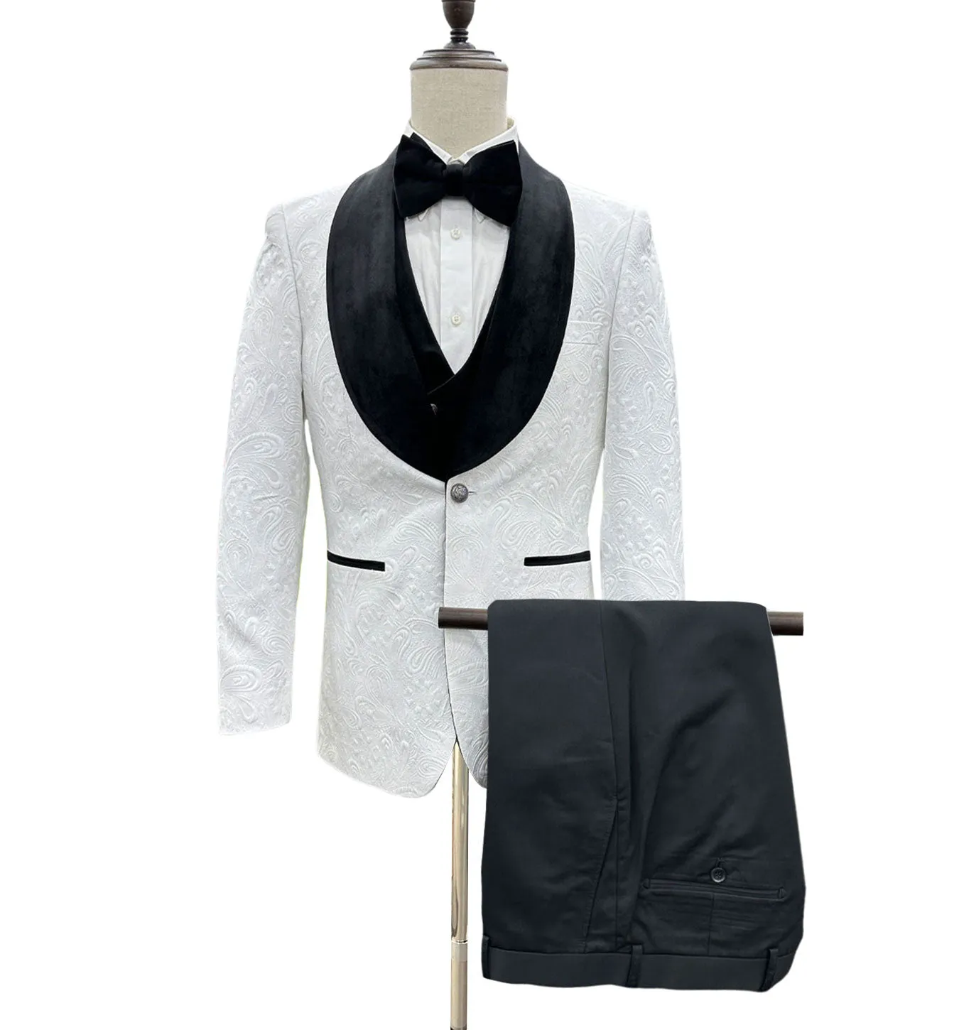 Mazari Met Vested Modern Fit 4 Pc Tuxedo Suit - White Black