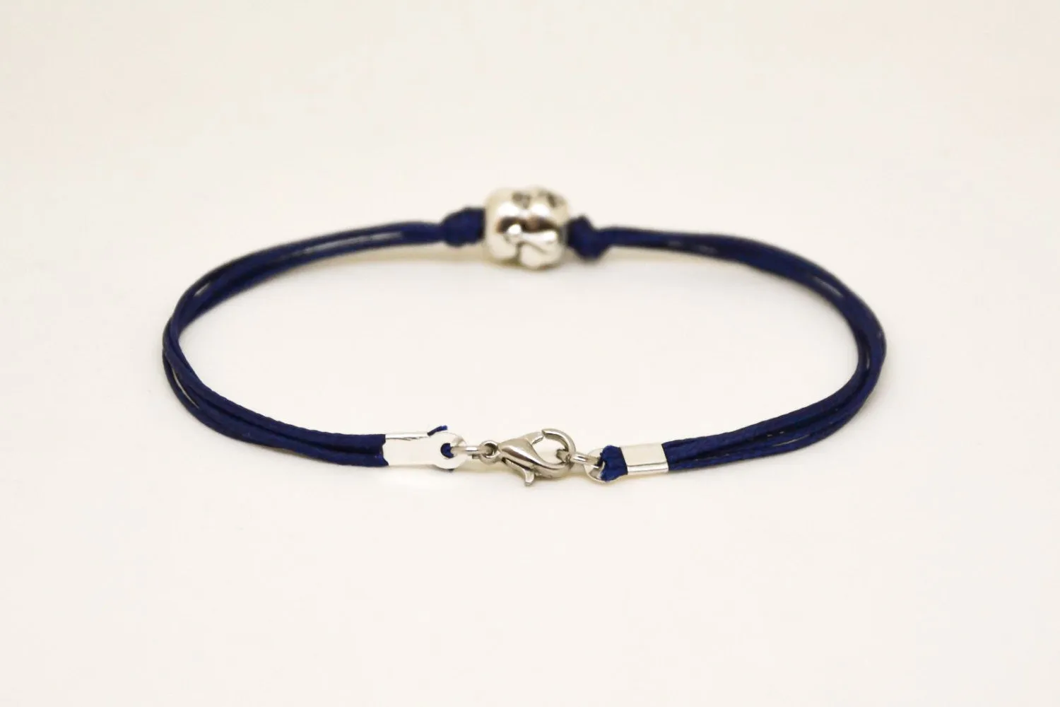 Men's bracelet with silver smiling buddha charm, blue cord, yoga jewelry for man