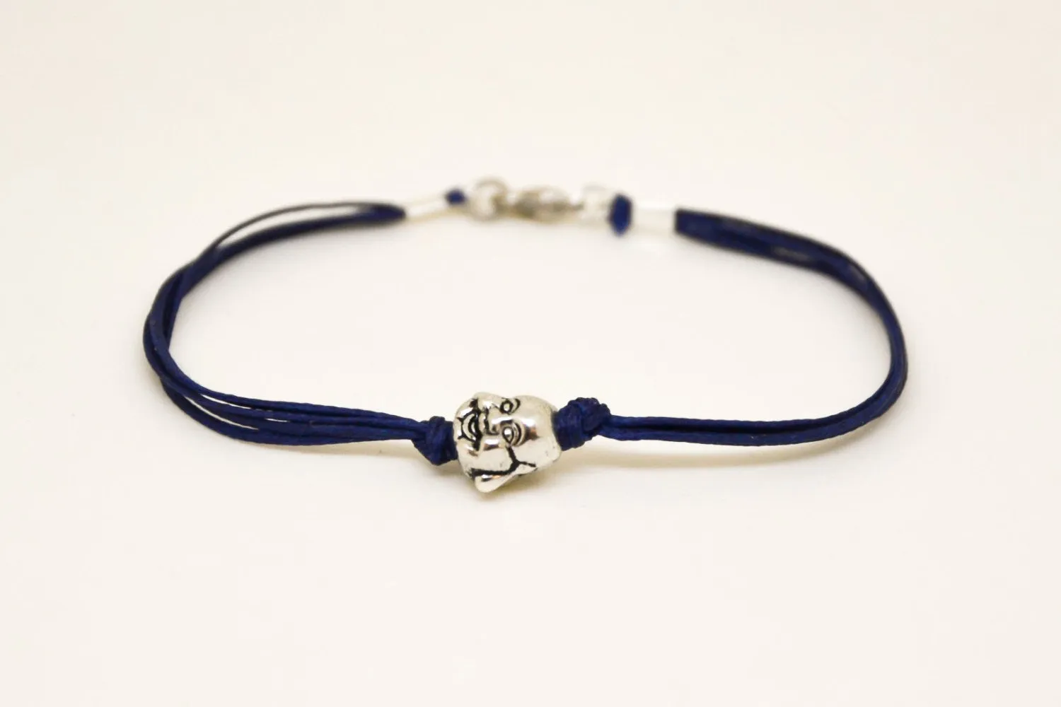 Men's bracelet with silver smiling buddha charm, blue cord, yoga jewelry for man