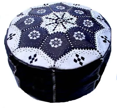 Moroccan Leather Tile Ottoman - Color Block Black & White