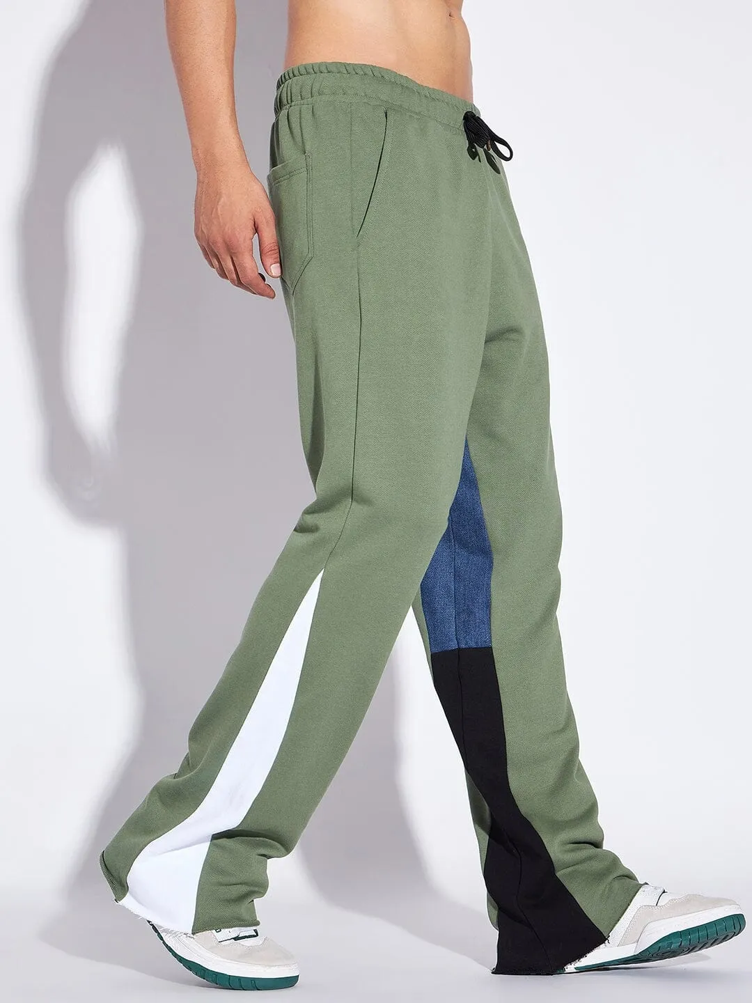 Olive Denim Panel Flared Trackpants