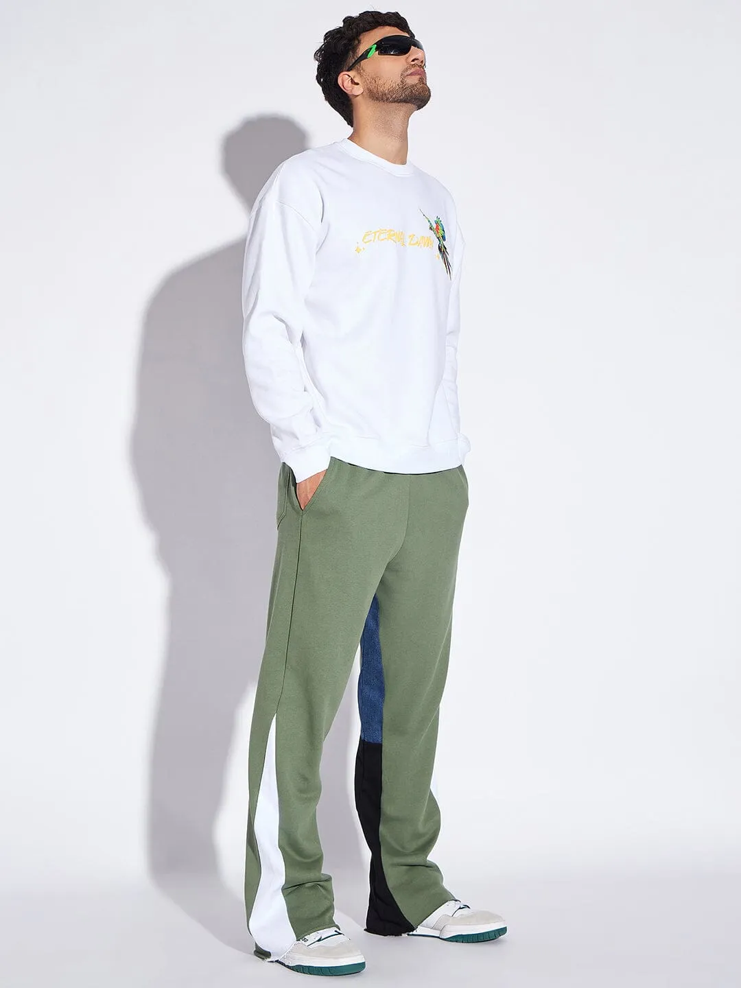 Olive Denim Panel Flared Trackpants