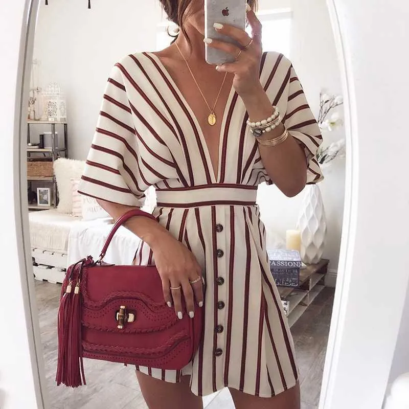 Plunging Neckline Casual Striped Button Down Mini Dress