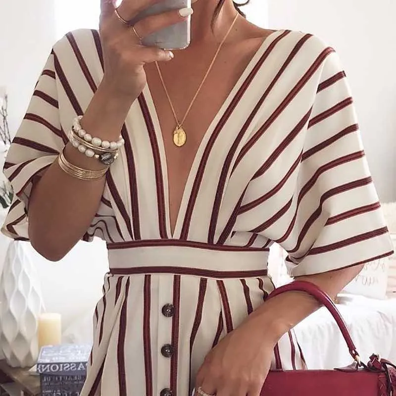 Plunging Neckline Casual Striped Button Down Mini Dress