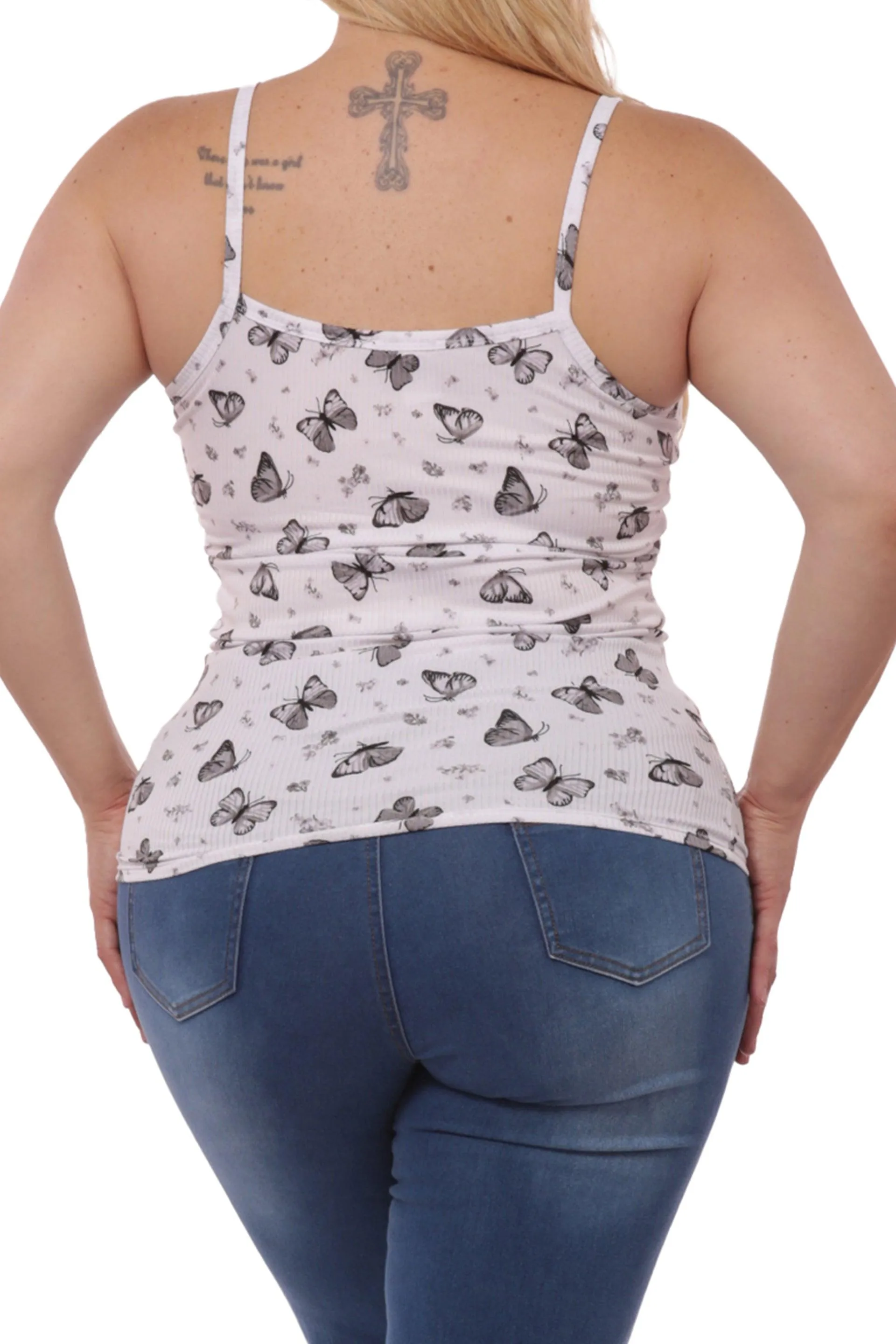 Plus Size Lace-Up Tank Ribbed Tops - Black & White Butterfly