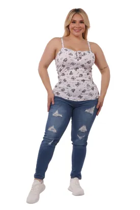 Plus Size Lace-Up Tank Ribbed Tops - Black & White Butterfly