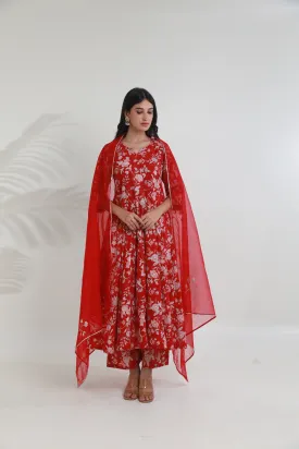 Red Jaal Handblock Cotton Anarkali with Organza gota work Dupatta