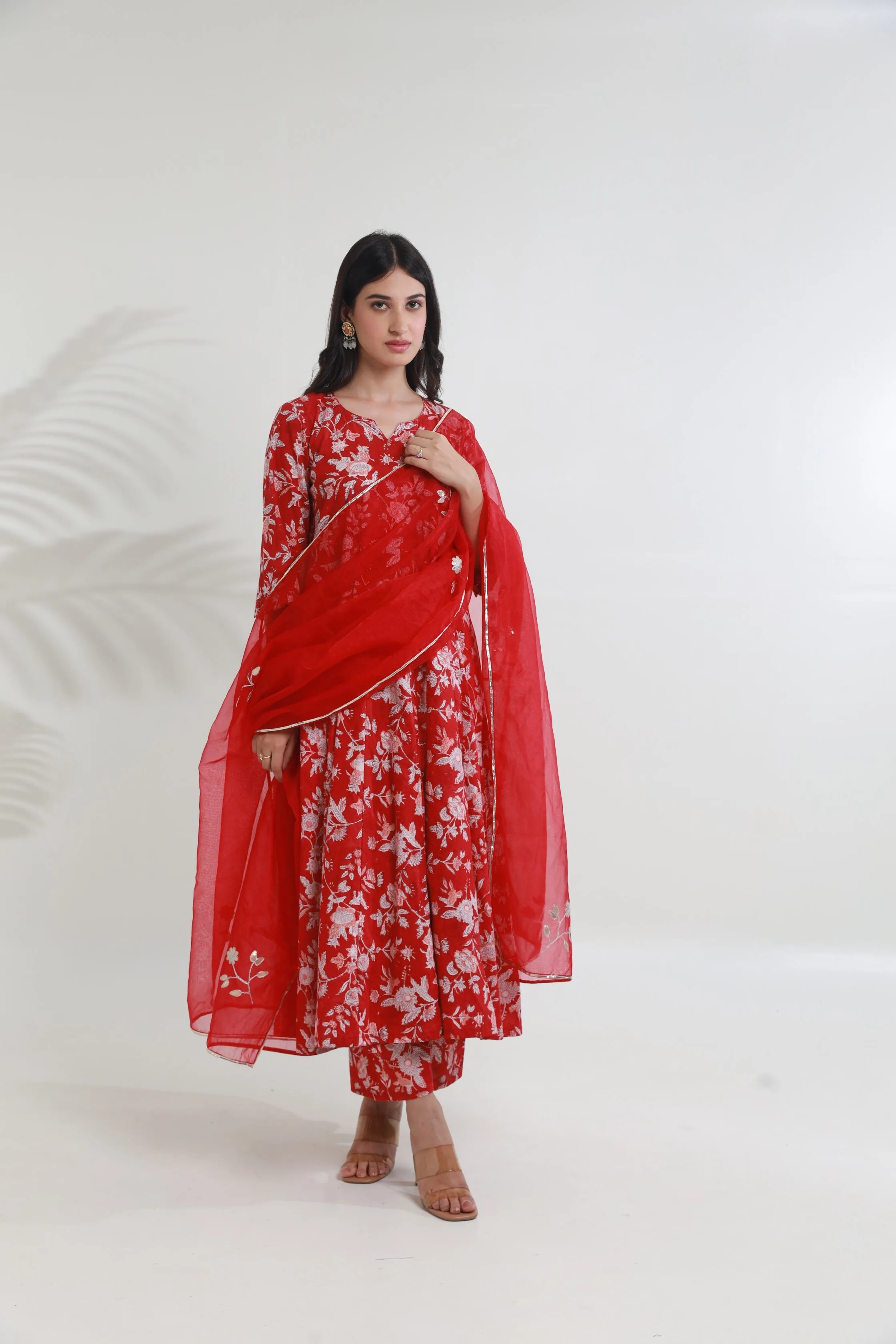 Red Jaal Handblock Cotton Anarkali with Organza gota work Dupatta