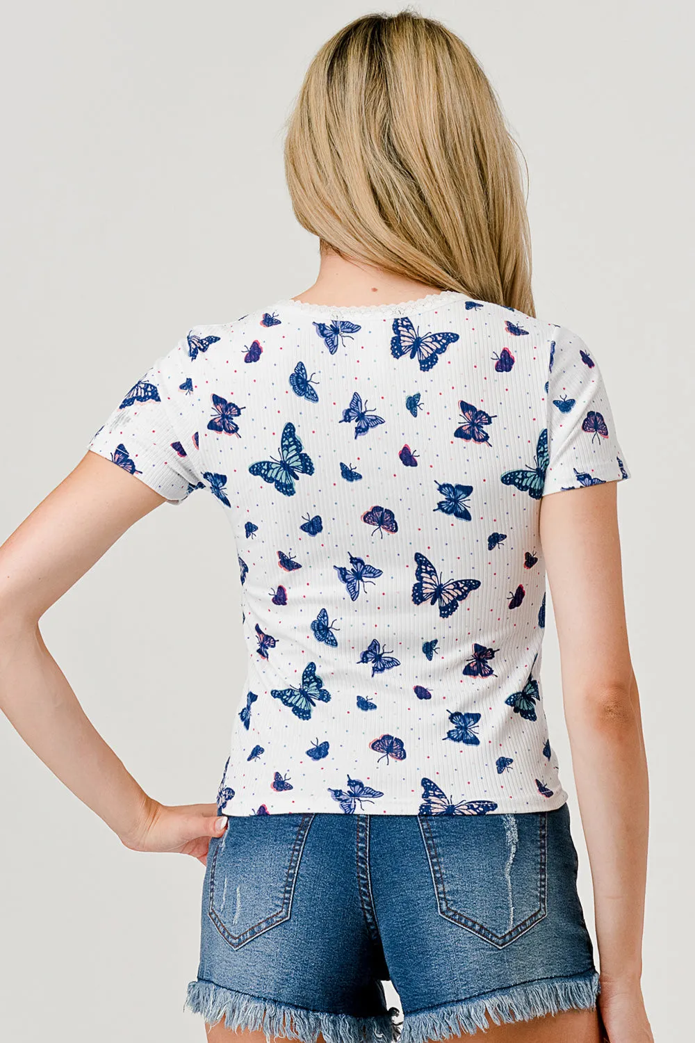 Rib Knit T-Shirt Tops with Lace Trim and Button Detail - Blue, Purple, White Butterfly Print