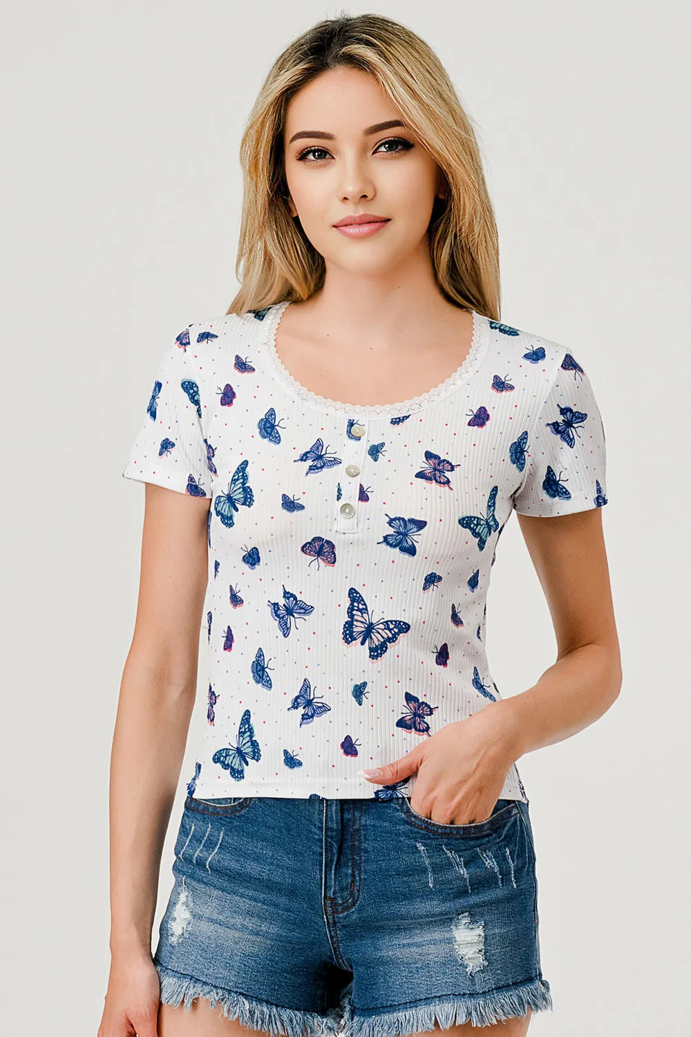 Rib Knit T-Shirt Tops with Lace Trim and Button Detail - Blue, Purple, White Butterfly Print