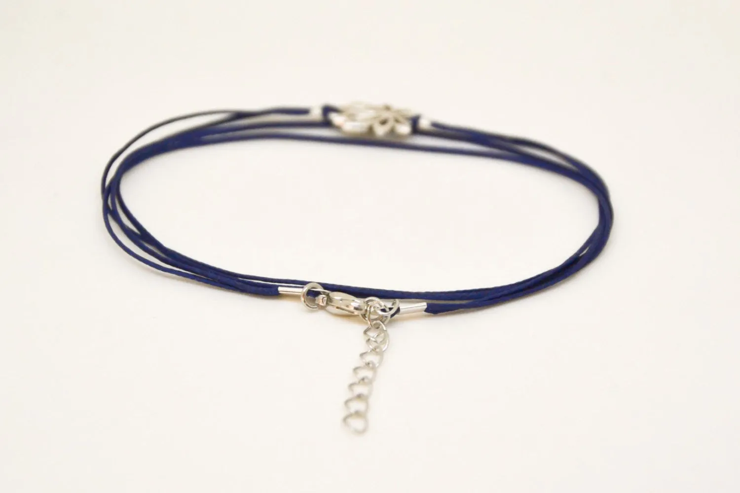 Silver tone Lotus wrapped anklet, blue cord, yoga gift for her