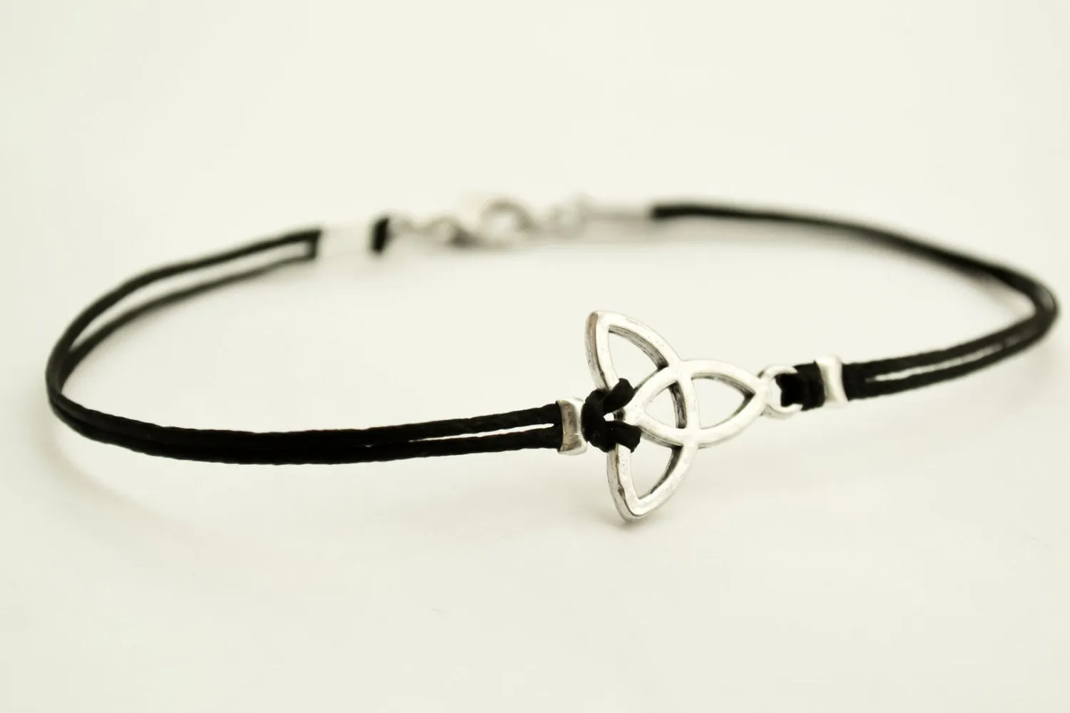 Silver Trinity bracelet for men, black cord, yoga bracelet