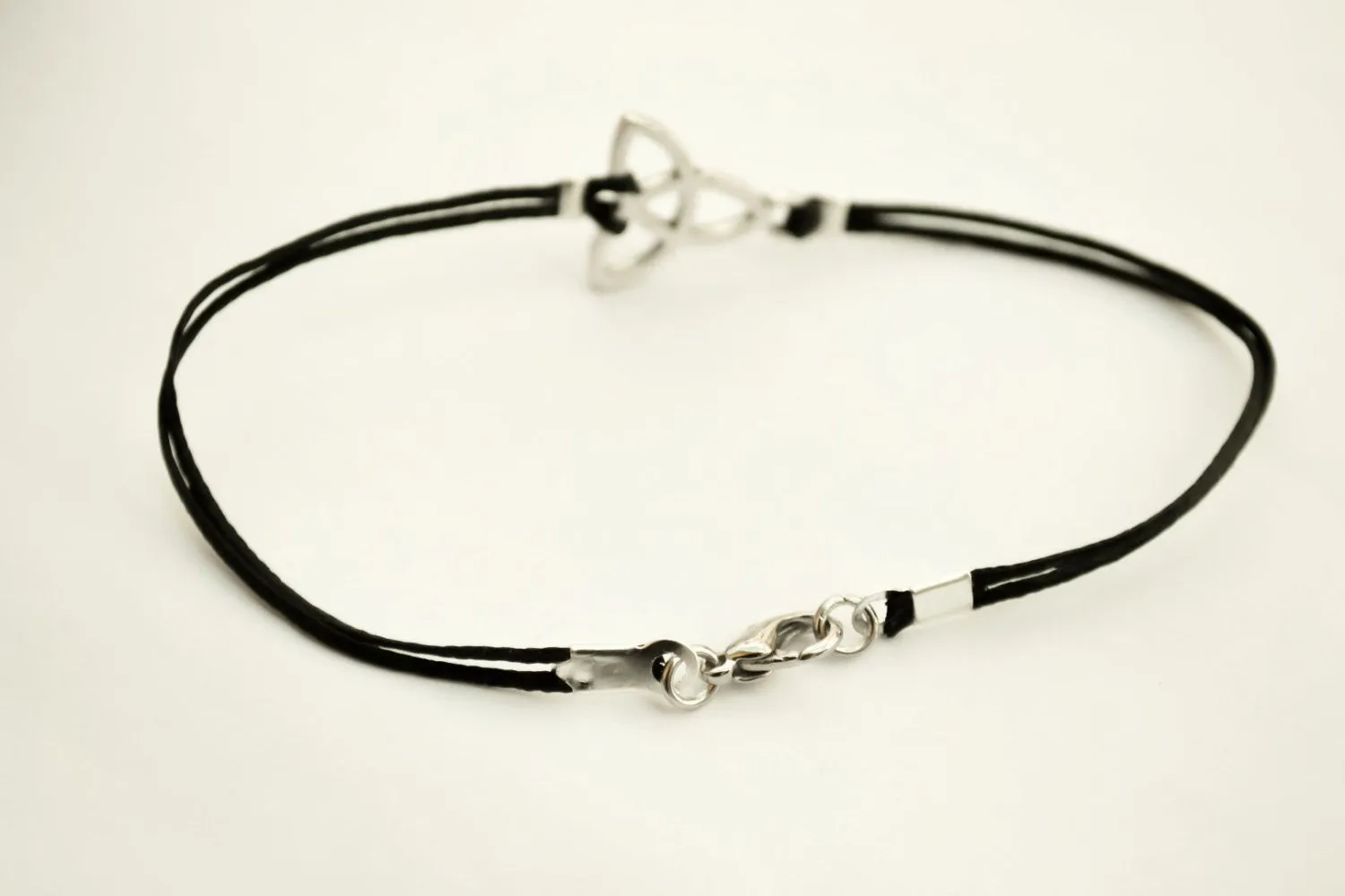 Silver Trinity bracelet for men, black cord, yoga bracelet