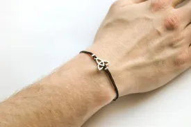 Silver Trinity bracelet for men, black cord, yoga bracelet