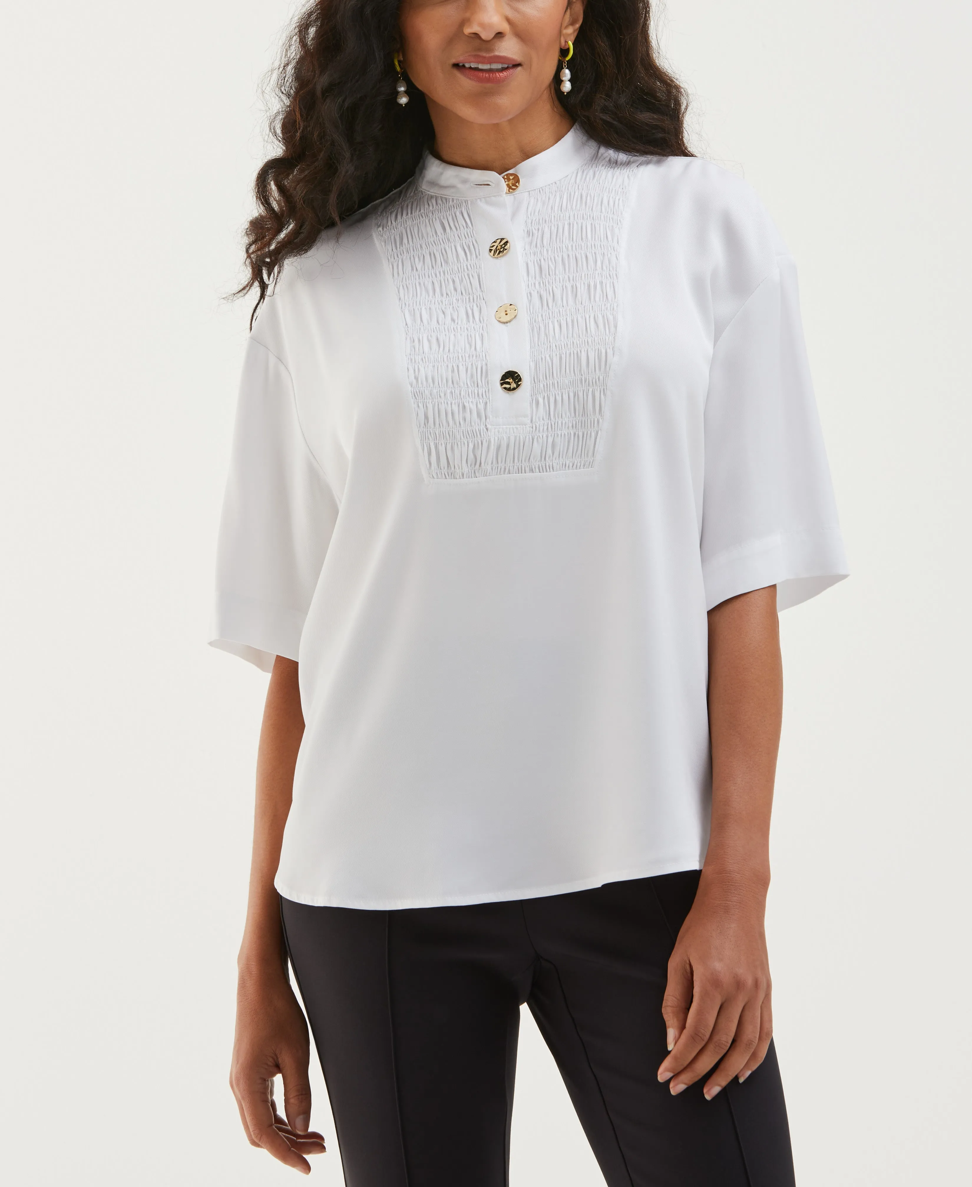 Smocked Banded Collar Top