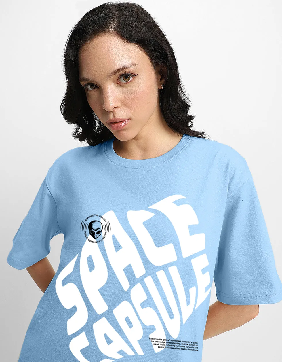 SPACE CAPSULE Blue Oversized Front Graphic Tshirt