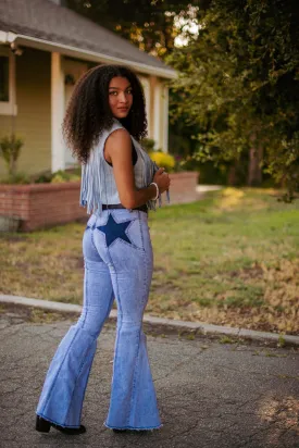 Star Spangled Star Detail Flare Denim Pant - Light Wash