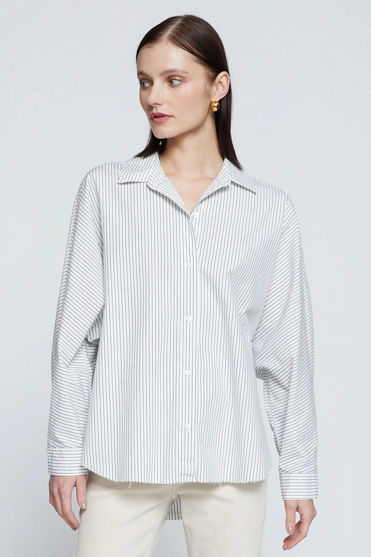 Stateside Elliott Poplin Stripe Dolman Shirt in Verde