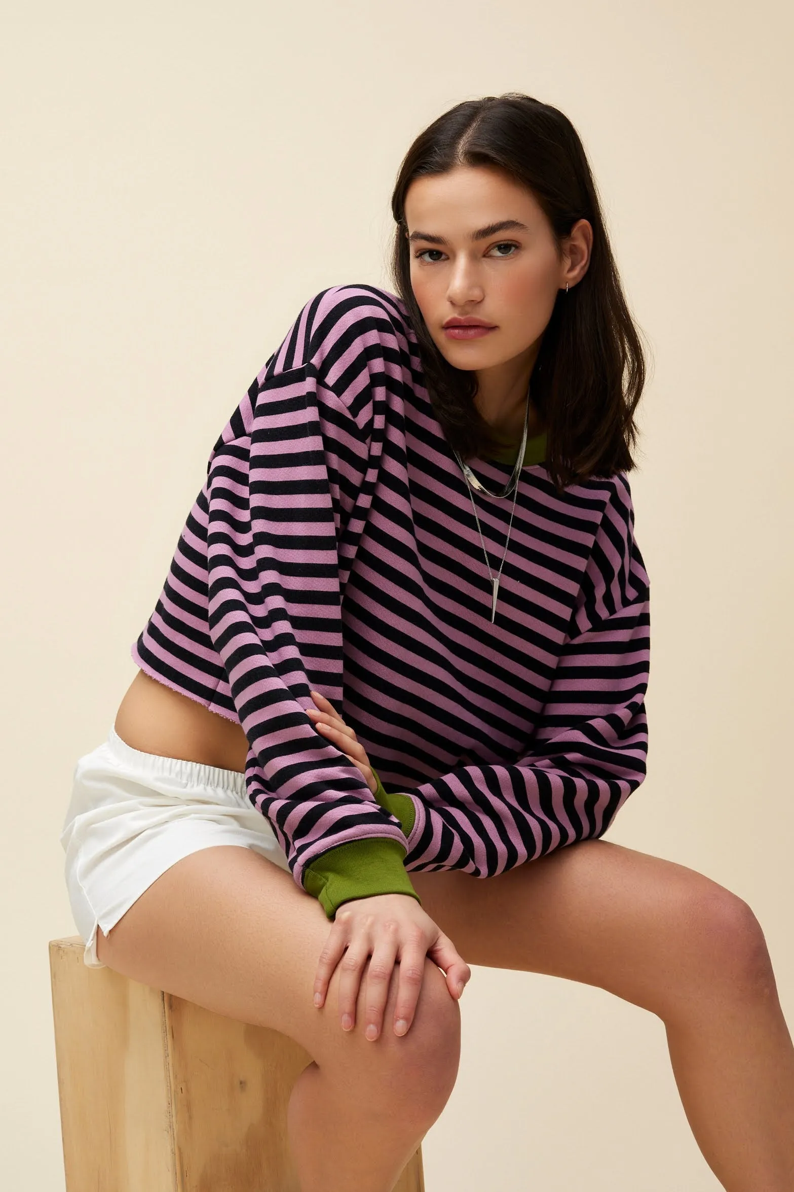 Stripe Cut-Off Sweatshirt in Lotus Flower