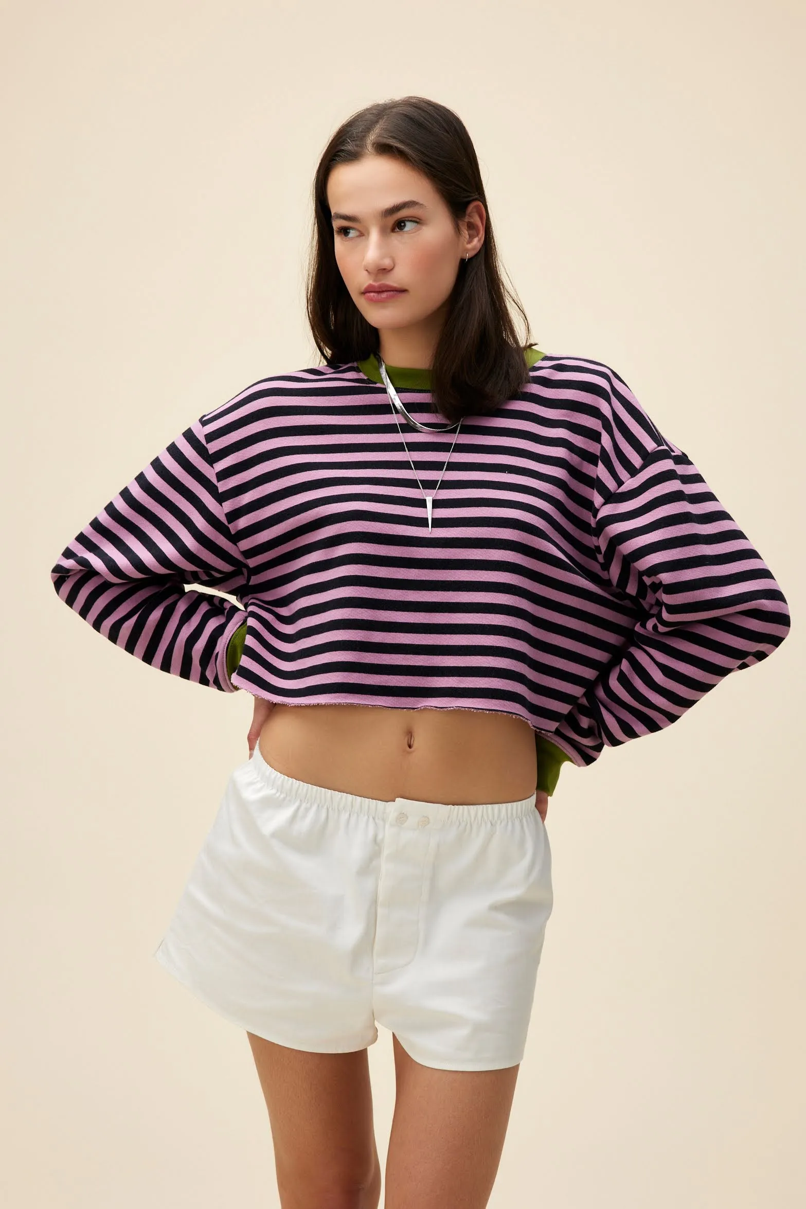 Stripe Cut-Off Sweatshirt in Lotus Flower