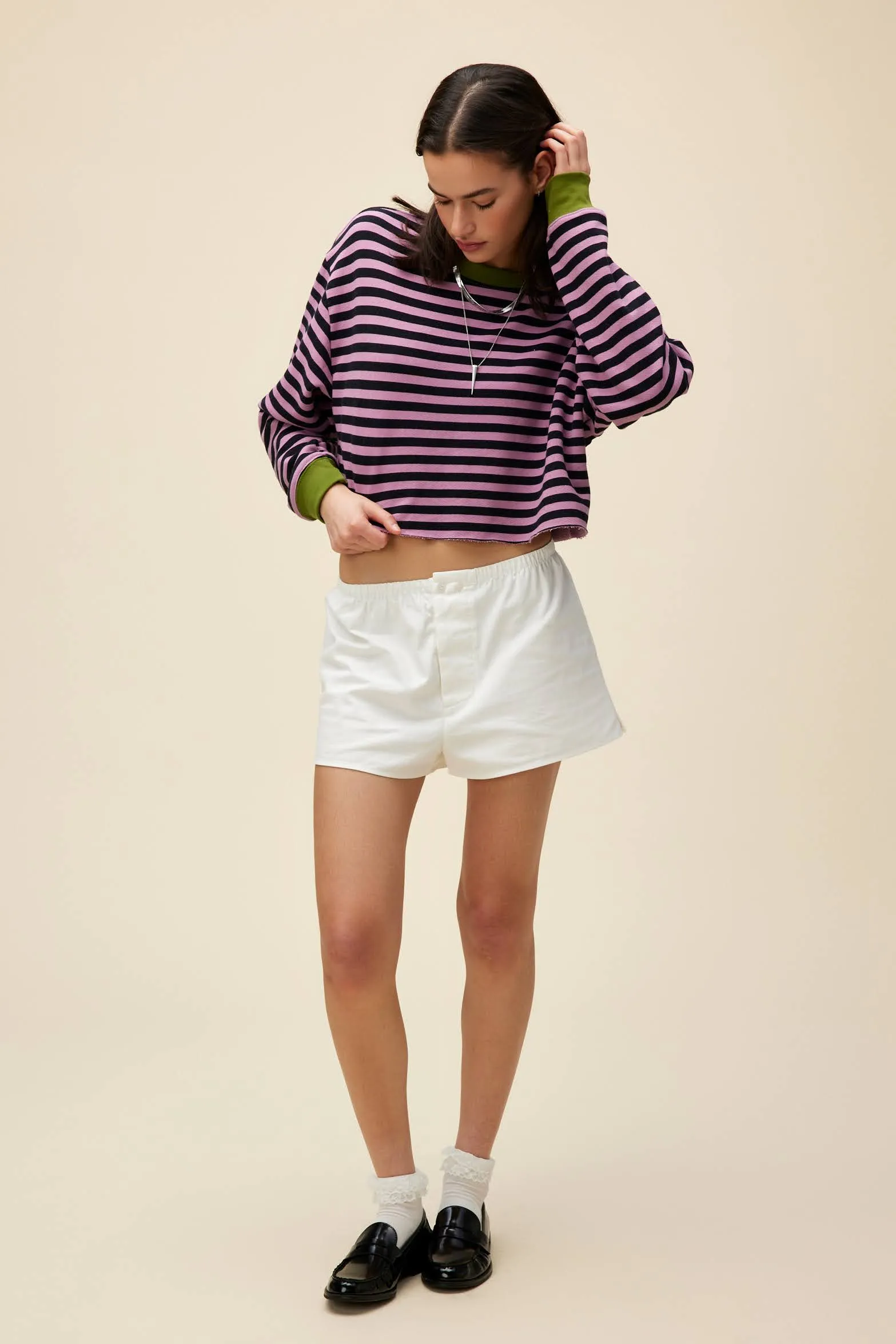 Stripe Cut-Off Sweatshirt in Lotus Flower