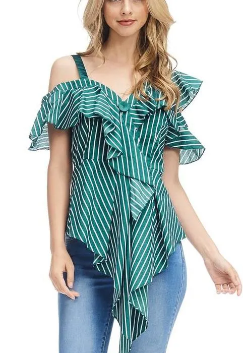 Striped One Shoulder Ruffle Top