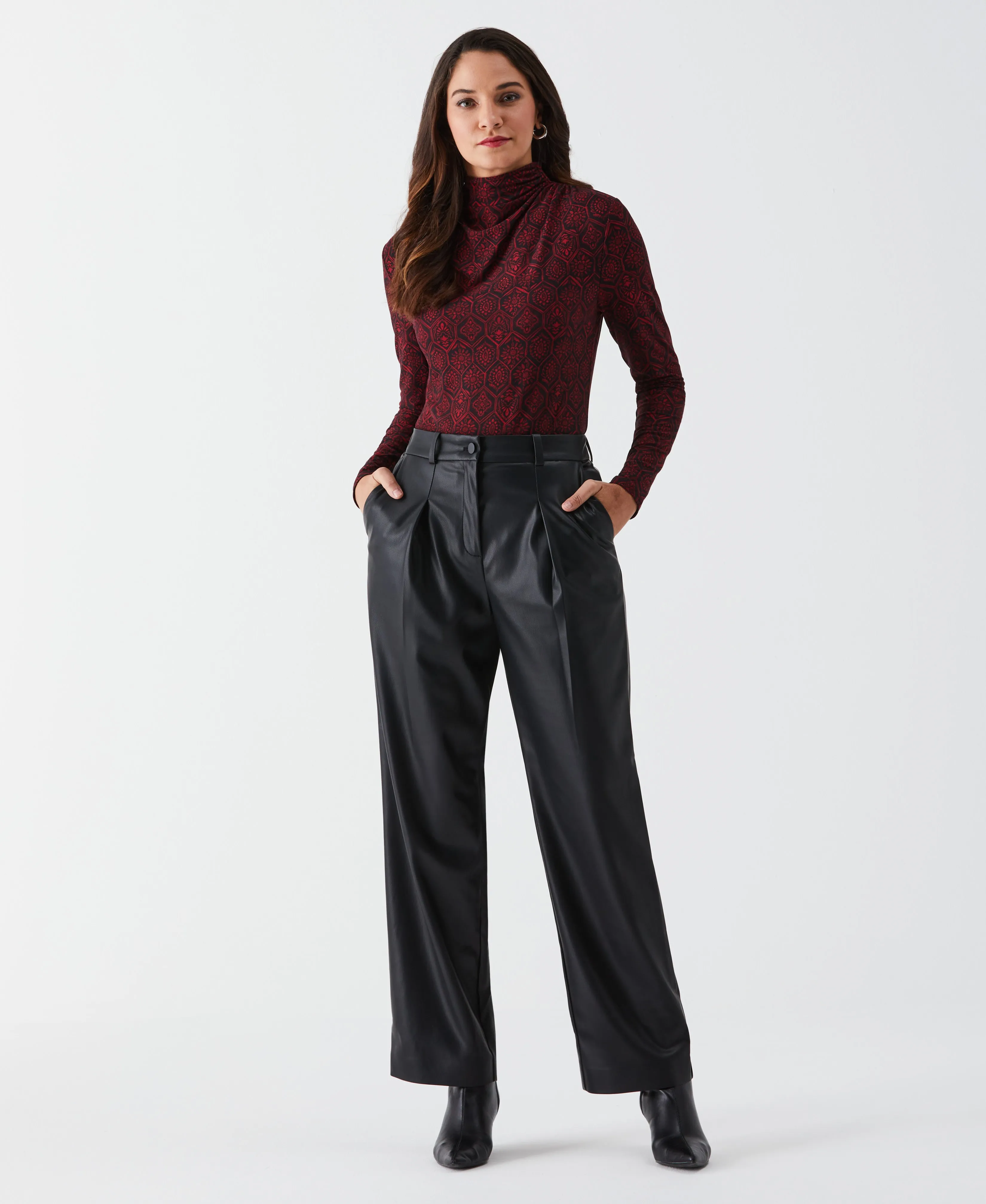 Vegan Leather Wide Leg Pleated Pant