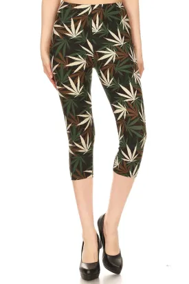 Women's 3X5X Olive Brown Leaf Cannabis Printed Cropped Capri Leggings