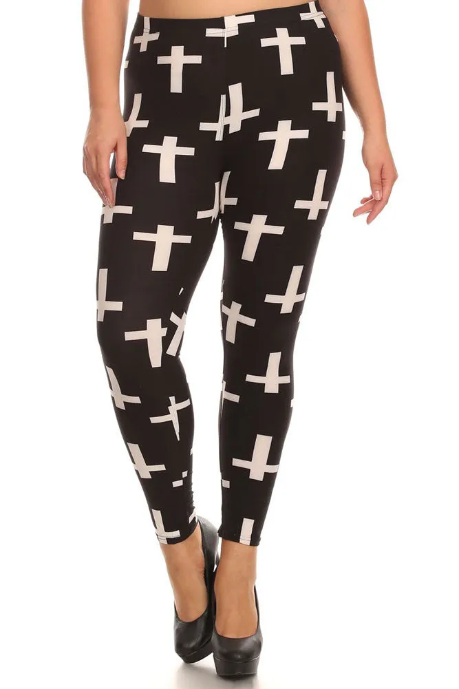 Women's Plus Christian Cross Pattern Print Leggings - Black White