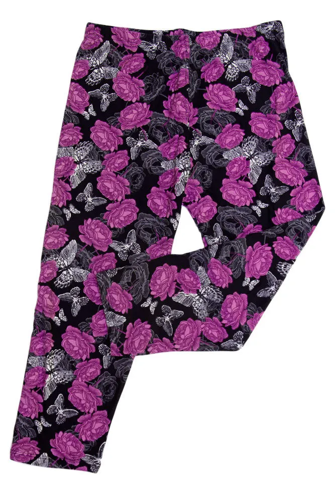 Women's Plus Purple Rose Butterfly Floral Printed Cropped Capri Leggings